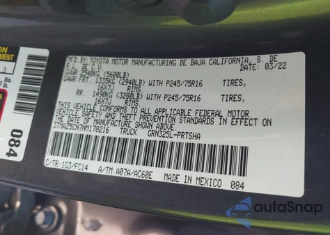 2022 Toyota Tacoma Sr5 V6 из США, поврежденный, VIN 3TMAZ5CN7NM178216